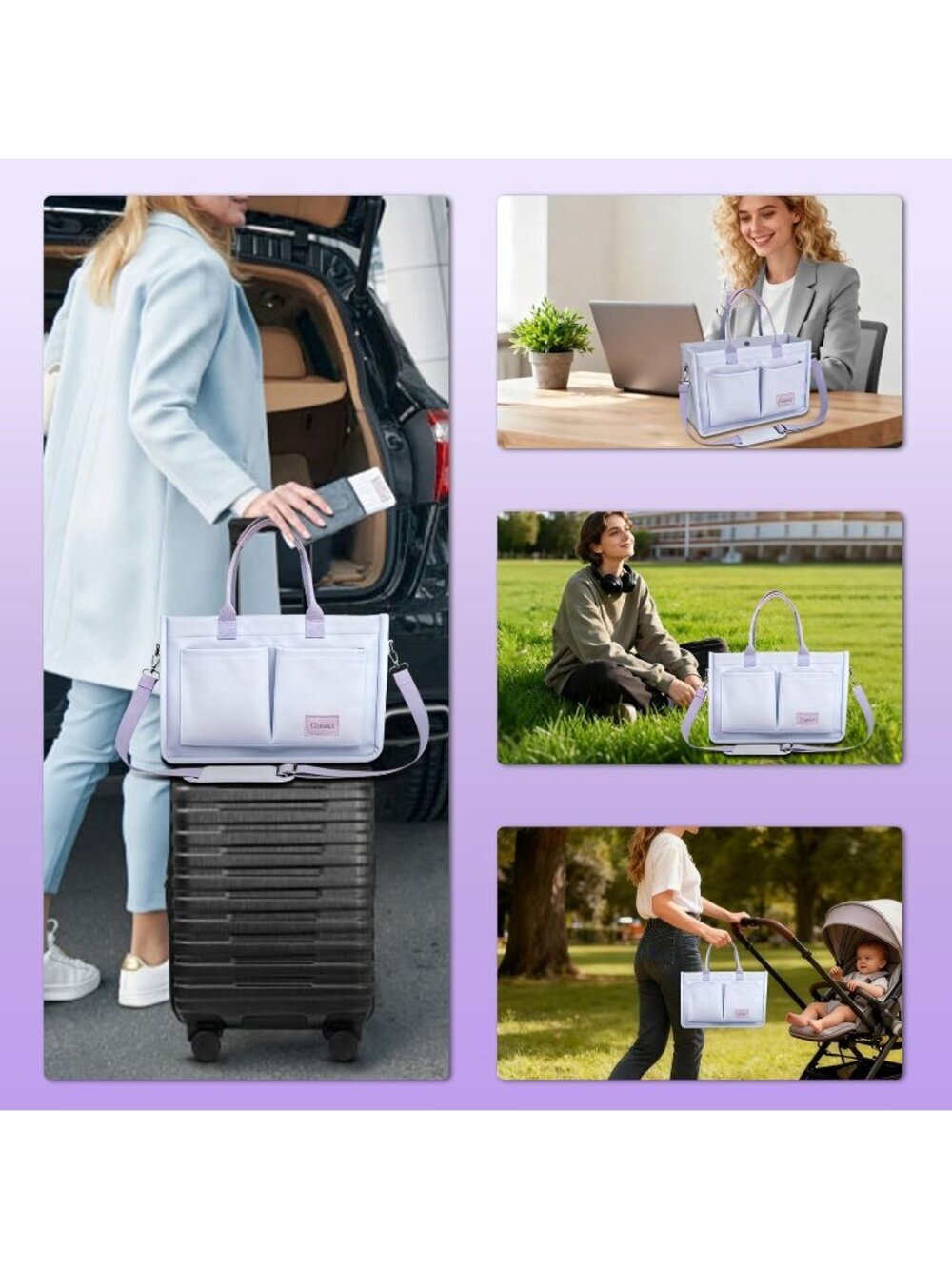 Women Purple Crossbody Tote Bag Pockets Laptop Work Shoulder Bag - Picture 3 of 7